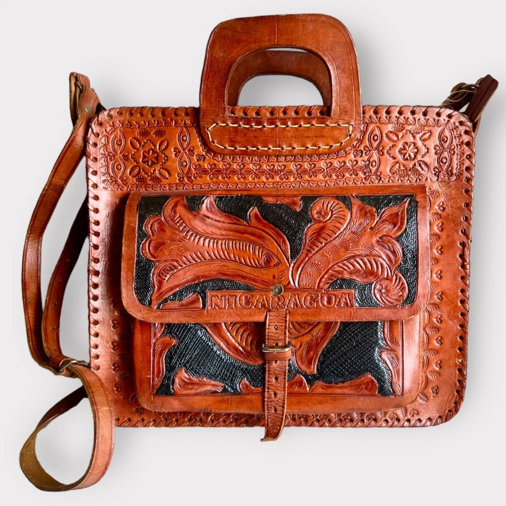 Vintage Hand Tooled Leather Crossbody Satchel Bag Black and Brown - Picture 8 of 8